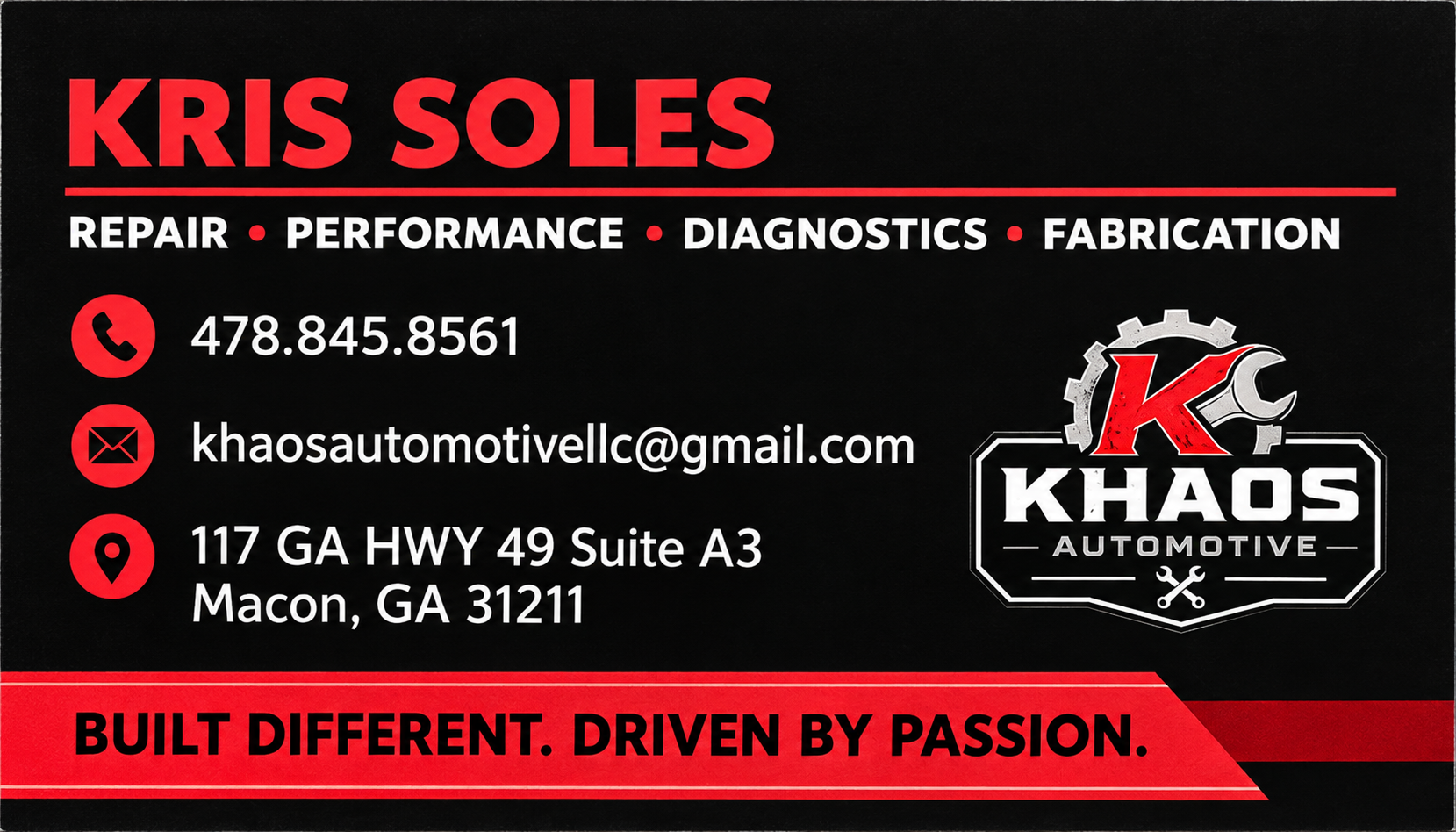 Enhanced Khaos Automotive business card with contact information