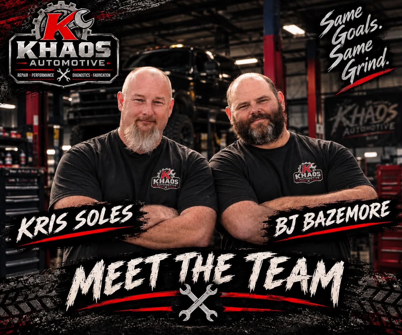 Meet the Khaos Automotive team advertisement featuring Kris Soles and BJ Bazemore